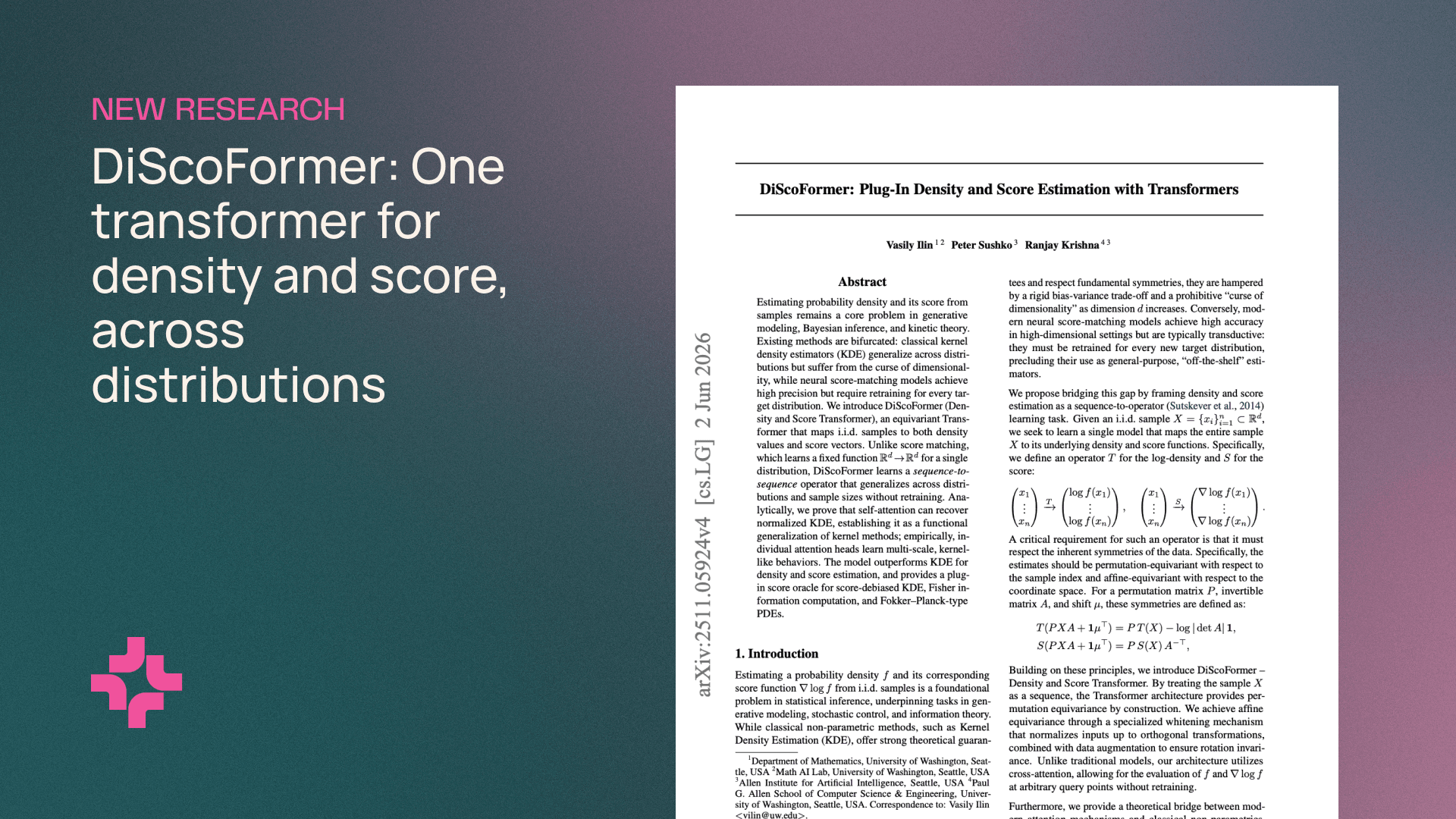 DiScoFormer: One transformer for density and score, across distributions